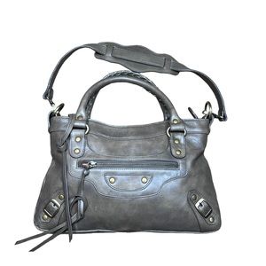 latico Taupe Gray Leather Shoulder Bag with Brass Accents